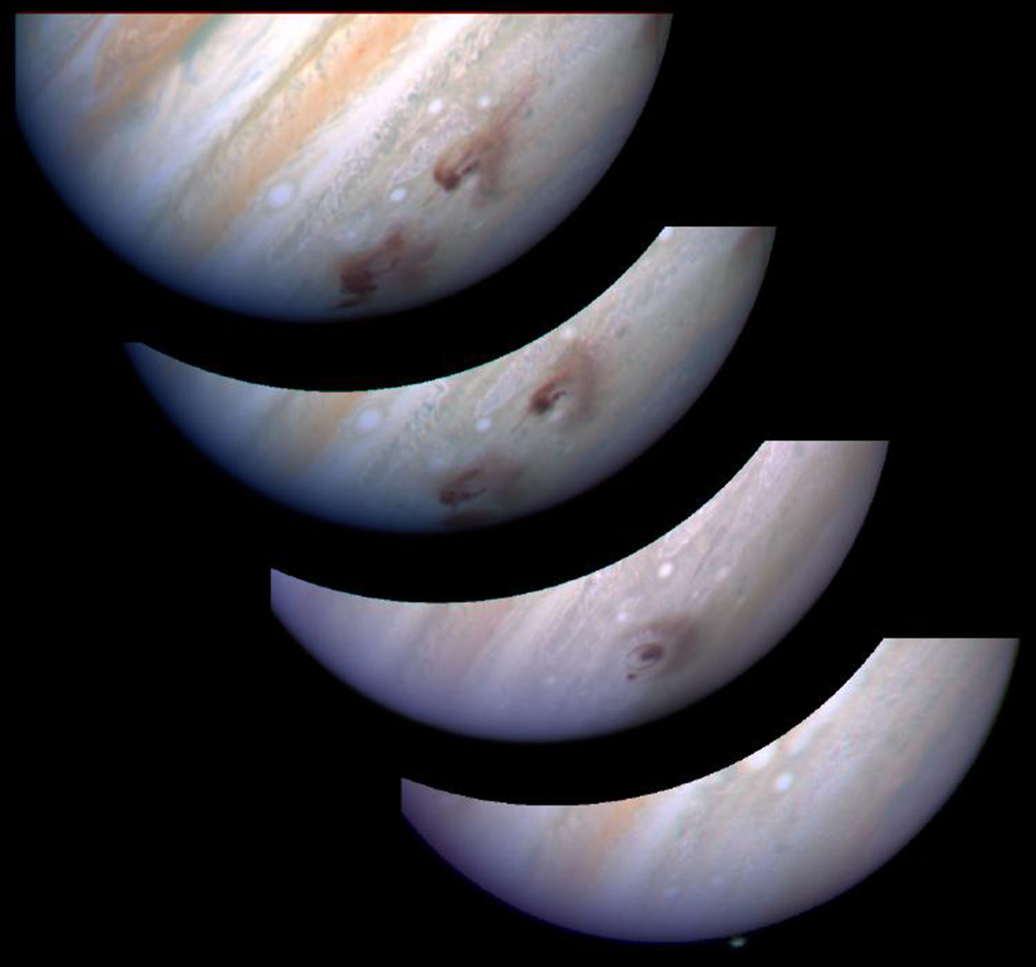 Four images of Jupiter show, in sequence, a black spot forming on the planet's clouds then growing and splitting into two smudges.